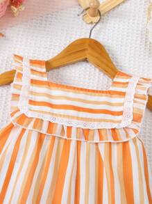 Baby Girl Breathable And Fashionable Striped A-Line Dress With Ruffle Hem - Yellow - View 3