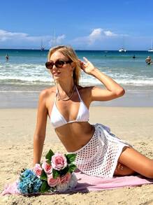 Swim Vcay Summer Women's Hollowed Knit Cardigan And Skirt Set Music Festival - White - View 3