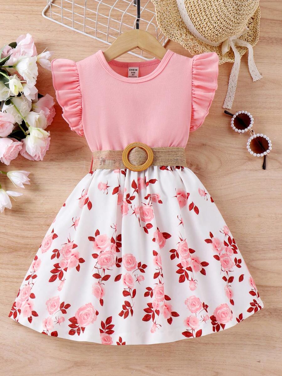 SHEIN 年輕女孩花卉印花褶邊裙