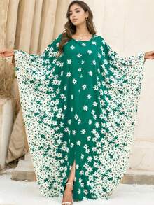 绿色蝙蝠袖宽松时尚长袍，朴素长袖阿拉伯连衣裙