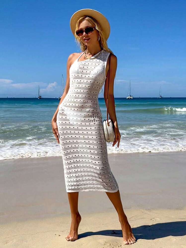 Summer 1pc Hollow Out Knitted One Shoulder Sleeveless Cover Up Dress Music Festival