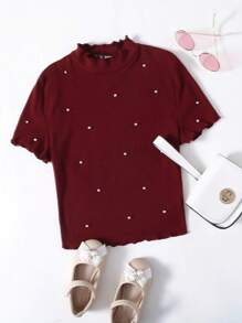 Muchica Top tejido de canalé ribete en forma de lechuga con diseño de perla - Burdeos - Ver 1