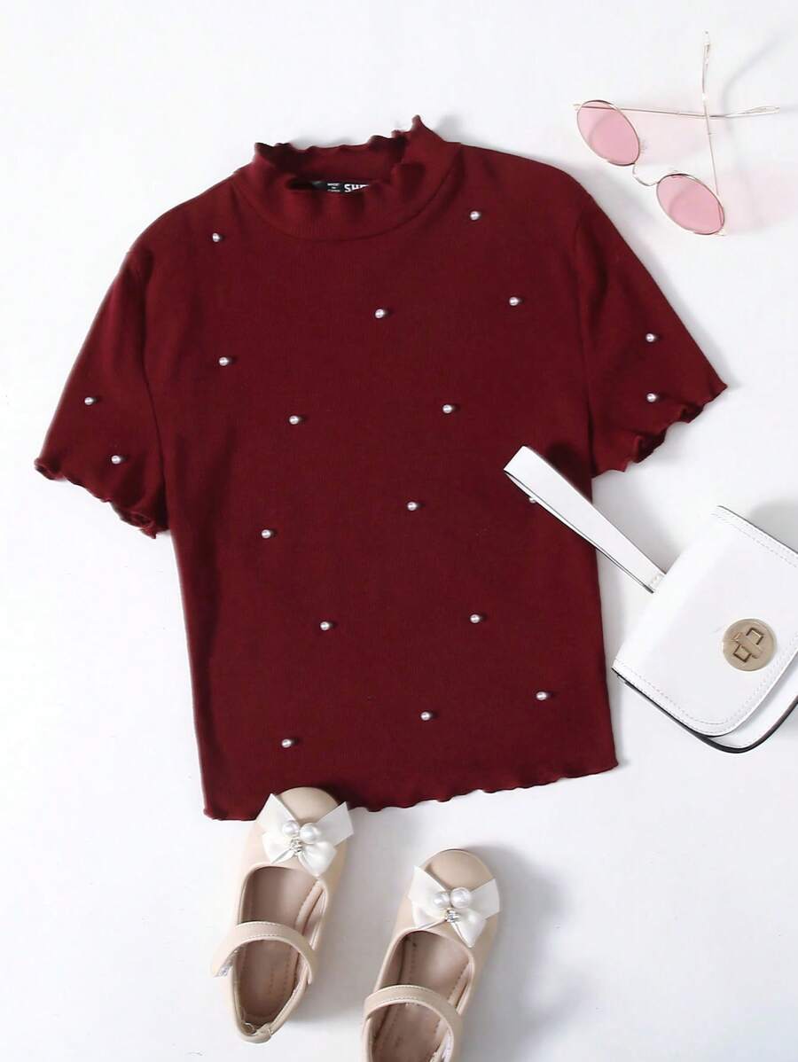 Muchica Top tejido de canalé ribete en forma de lechuga con diseño de perla - Burdeos - Ver 1