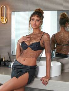 Rave Lễ hội Rhinestone đính cườm Nghệ Embellished Lưới Nhìn xuyên qua Áo Crop  Cover Up Câu lạc bộ Áo ba lỗ Không có áo ngực - màu đen - Xem 5