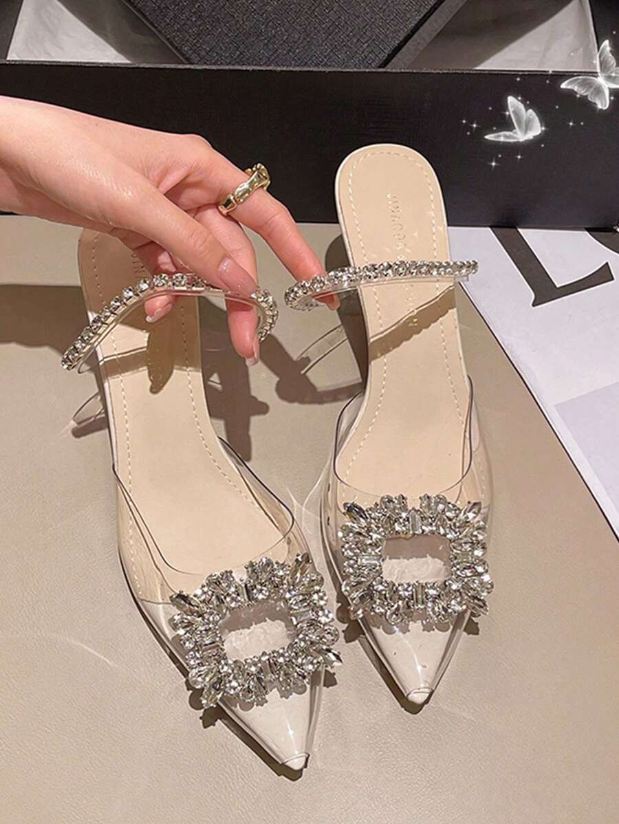 透明高跟鞋配鑲有水鑽,優雅白色水晶清澈的女鞋 - 米色 - 查看 1