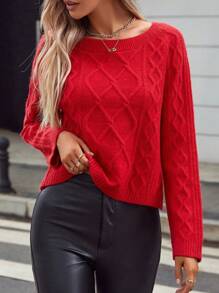 圓領菱形圖案毛衣 - 紅色 - 查看 1