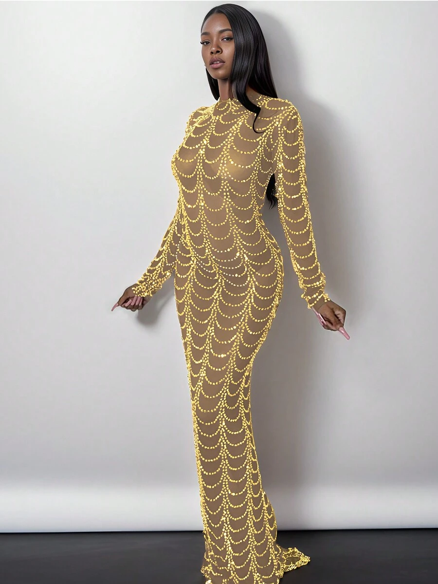 女士钻石闪亮水钻条纹网眼透视长袖紧身中长款舞会礼服性感俱乐部紧身派对长裙节日服装
