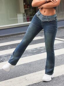 SHEIN ICON Low Waisted Vintage Water Wash Flare Jeans With Frayed Hem - Dark Wash - View 6