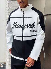 Manfinity Campus Court Chaqueta De Manga Raglán Con Estampado De Letras De Talla Grande Para Hombre - Blanco y Negro - Ver 7