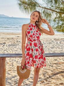 GENKIRA Của phụ nữ Hoa In Đứng cổ áo Không tay Đầm giản dị - Hồng - Xem 4