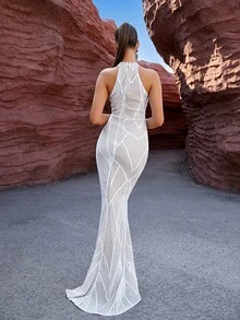 LOVE&LEMONADE 女士露背美人鱼下摆晚礼服白色优雅正式舞会婚礼宾客礼服，适合毕业典礼、晚宴 - 白色 - 查看 2