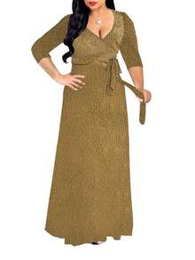 Women's Wrap Collar Dress - Gold - View 3