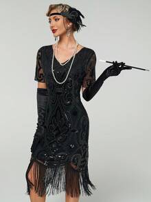 1pc Women's 1920s Vintage Sequin Mesh Short Sleeve Mini Dress Elegant Cocktail Semi Formal Prom Wedding Guest Dress, For Birthday, Graduation, Dinner, Homecoming,Party Dress - Black - View 6