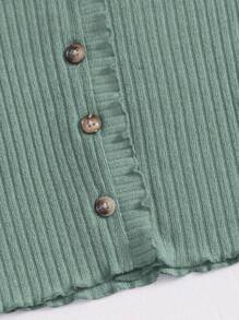 SHEIN EZwear Button Front Lettuce Trim Rib-knit Tee - Mint Green - View 5