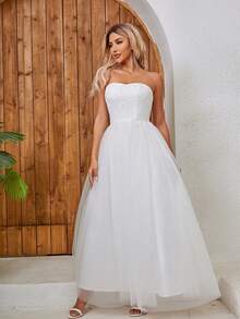 Lace & Mesh Contrast Strapless Wedding Dress - White - View 5