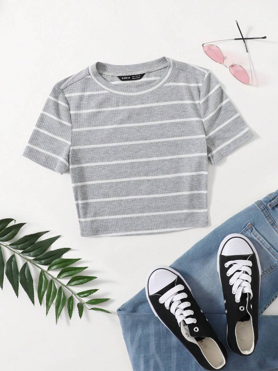 SHEIN EZwear Striped Rib-knit Tee
