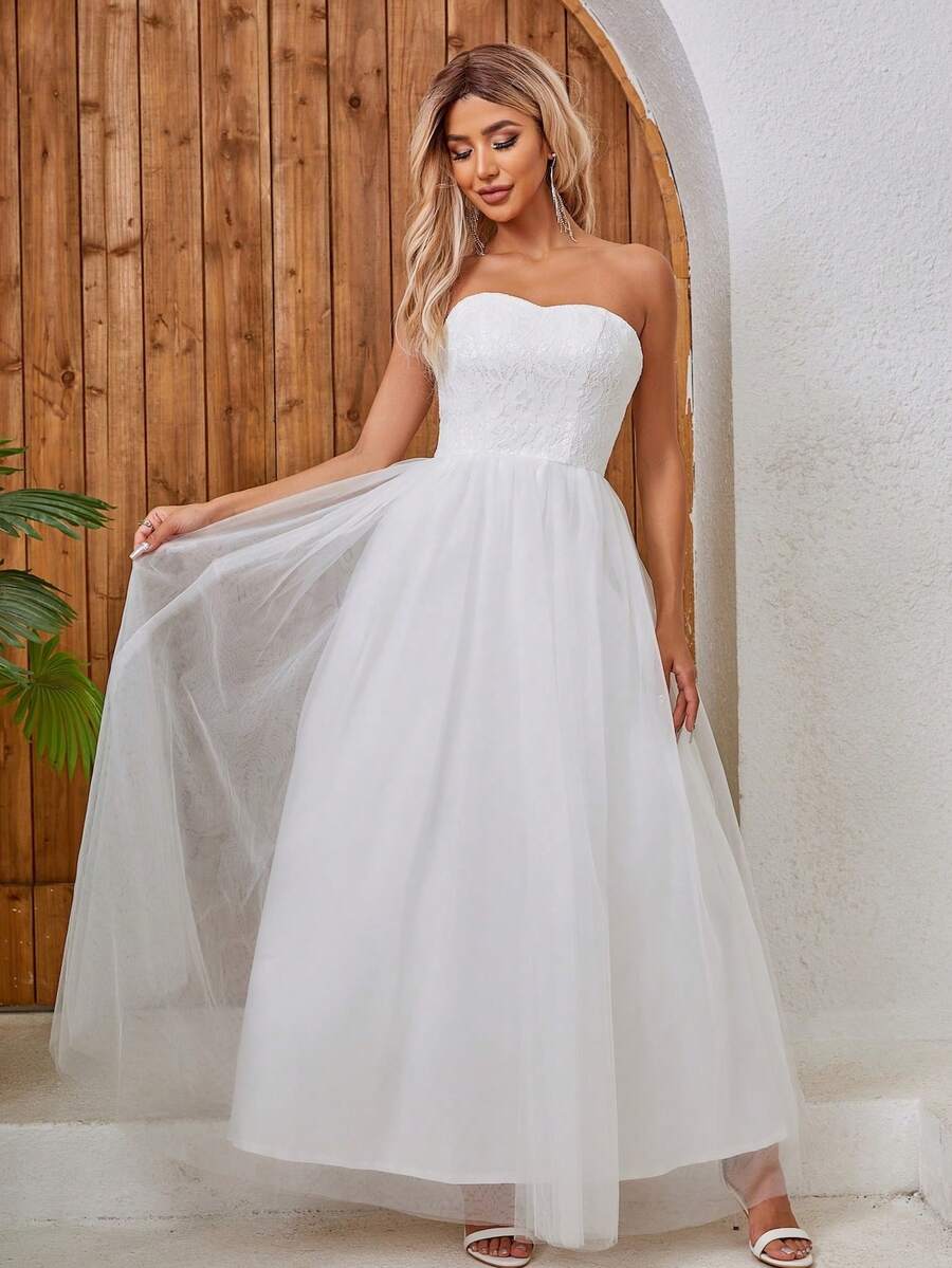 Lace & Mesh Contrast Strapless Wedding Dress - White - View 1