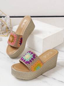 New Arrival Women'S Leisure Holiday Style Linen Wedge Heel Slippers With Flower Embellishment On Thick Sole