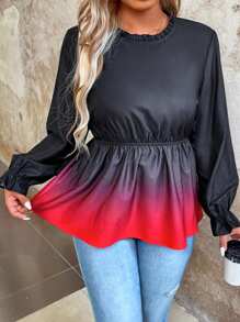 SHEIN Clasi Plus Size Women's Gradient Color Ruffle Trim Blouse - White - View 6
