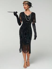 1pc Women's 1920s Vintage Sequin Mesh Short Sleeve Mini Dress Elegant Cocktail Semi Formal Prom Wedding Guest Dress, For Birthday, Graduation, Dinner, Homecoming,Party Dress - Black - View 4