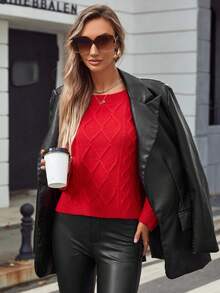 圓領菱形圖案毛衣 - 紅色 - 查看 4