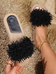 女士手工花朵滑粗跟涼鞋,輕量圓頭開放式拖鞋,女士時尚夏季鞋 - 黑色 - 查看 4