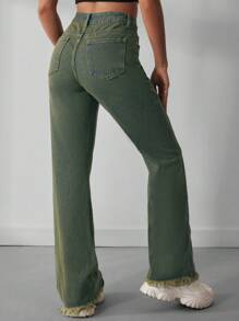 SHEIN ICON Quần Jeans Ống Loe Cạp Thấp Nhuộm Màu Cho Nữ - Rửa tối - Xem 2