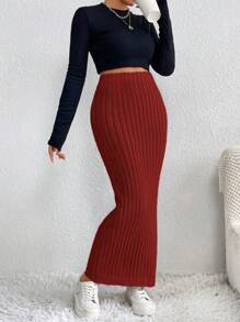 SHEIN LUNE 女性實色肋織修身毛衣裙 - 紅色 - 查看 3