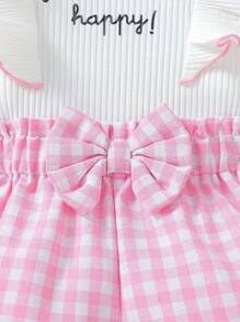 SHEIN Vintaside Kids Baby Girl Slogan Printed Ruffle Hem Top And Checked Shorts Set - Multicolor - View 6
