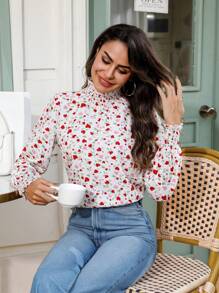 SHEIN Privé Của phụ nữ In Trái tim Đứng cổ áo Giải trí Áo sơ mi - Nhiều màu - Xem 1