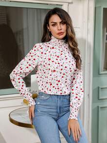 SHEIN Privé Của phụ nữ In Trái tim Đứng cổ áo Giải trí Áo sơ mi - Nhiều màu - Xem 5