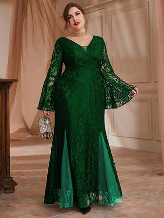 Vestido De Noche De Encaje Con Mangas Acampanadas De Talla Grande Para La Graduación