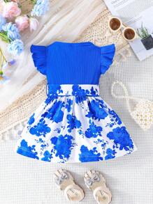 Baby Girl Floral Printed Dress - Blue - View 2