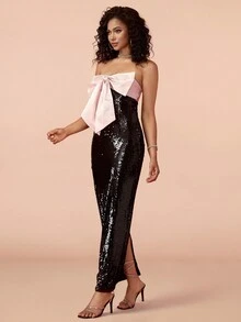 心形大蝴蝶結亮片露肩緊身浪漫派對連衣裙 - 黑色 - 查看 6