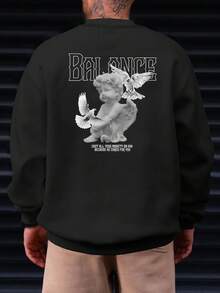 Men's Plus Size Angel & Letter Print Sweatshirt - Black - View 1