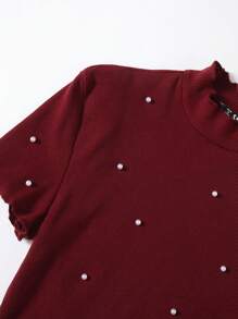 Muchica Top tejido de canalé ribete en forma de lechuga con diseño de perla - Burdeos - Ver 3
