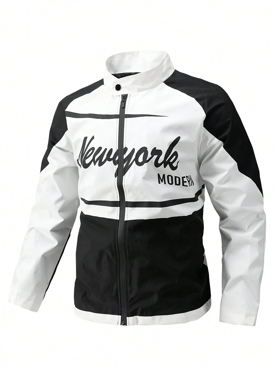 Manfinity Campus Court Chaqueta De Manga Raglán Con Estampado De Letras De Talla Grande Para Hombre - Blanco y Negro - Ver 1