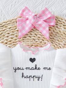 SHEIN Vintaside Kids Baby Girl Slogan Printed Ruffle Hem Top And Checked Shorts Set - Multicolor - View 8