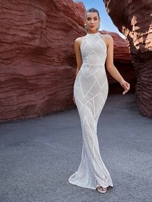 LOVE&LEMONADE 女士露背美人鱼下摆晚礼服白色优雅正式舞会婚礼宾客礼服，适合毕业典礼、晚宴 - 白色 - 查看 6