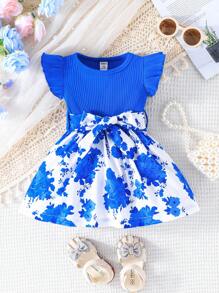 Baby Girl Floral Printed Dress - Blue - View 1
