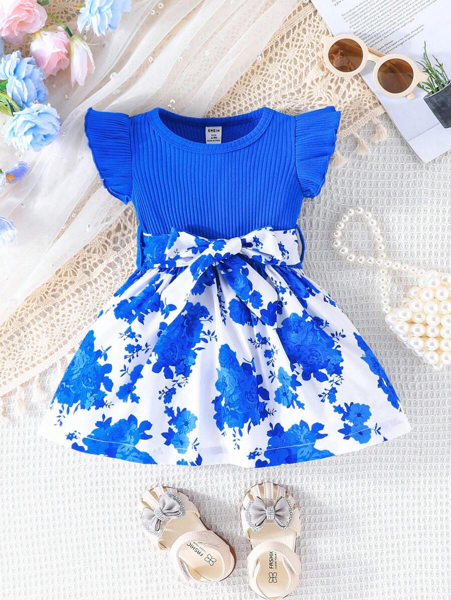 Baby Girl Floral Printed Dress - Blue - View 1