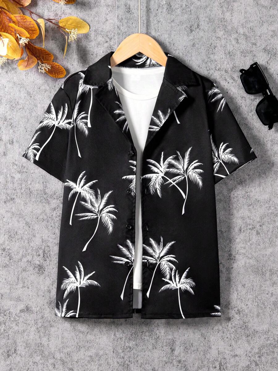 SHEIN 少年中童椰樹印花短袖襯衫 - 黑與白 - 查看 1