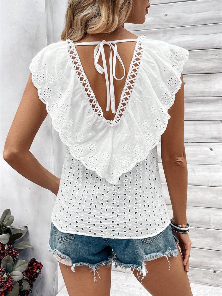 Women'S Solid Color Hollow Out Embroidery Detail Back Strap Shirt