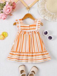 Baby Girl Breathable And Fashionable Striped A-Line Dress With Ruffle Hem - Yellow - View 2