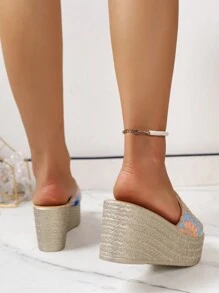 New Arrival Women'S Leisure Holiday Style Linen Wedge Heel Slippers With Flower Embellishment On Thick Sole