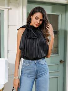 GENKIRA Blouse Sans Manches Pour Femme À Col Nœud Papillon - Preto - Ver 5