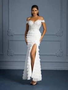 1 件女士露肩高开叉纯白色长款晚礼服 - 白色 - 查看 3