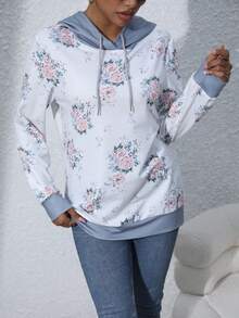 Women's Floral Printed Drawstring Hoodie - Multicolor - View 4