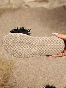 女士手工花朵滑粗跟涼鞋,輕量圓頭開放式拖鞋,女士時尚夏季鞋 - 黑色 - 查看 5