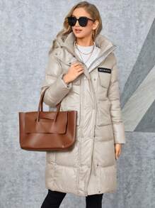 GASMAN Women Letter Graphic Hooded Zipper Front Casual Winter Jacket - Beige - View 1